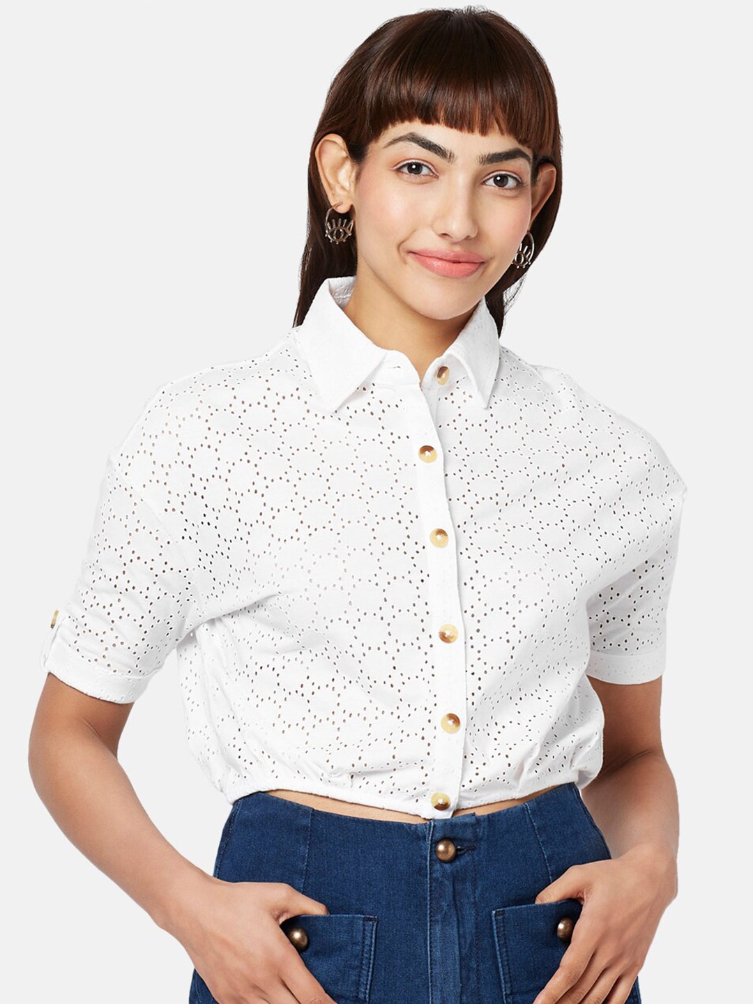 

People Self Design Shirt Style Crop Top, White