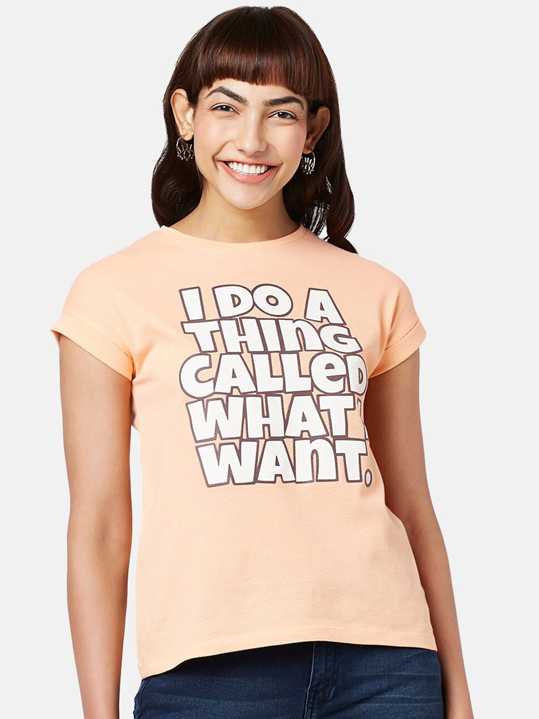 

People Extended Sleeves Typography Printed Cotton T-shirt, Peach