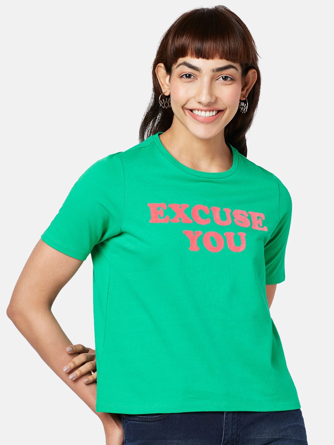 People Short Sleeves Typography Printed Cotton T-shirt, Green