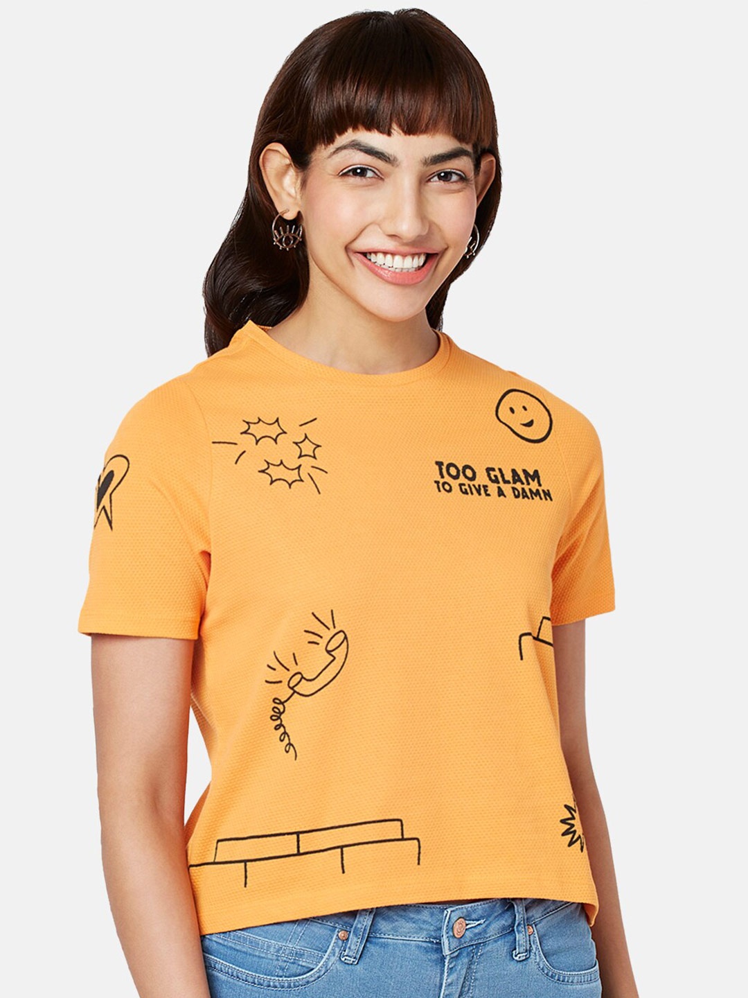 

People Graphic Printed Cotton Crop T-shirt, Orange