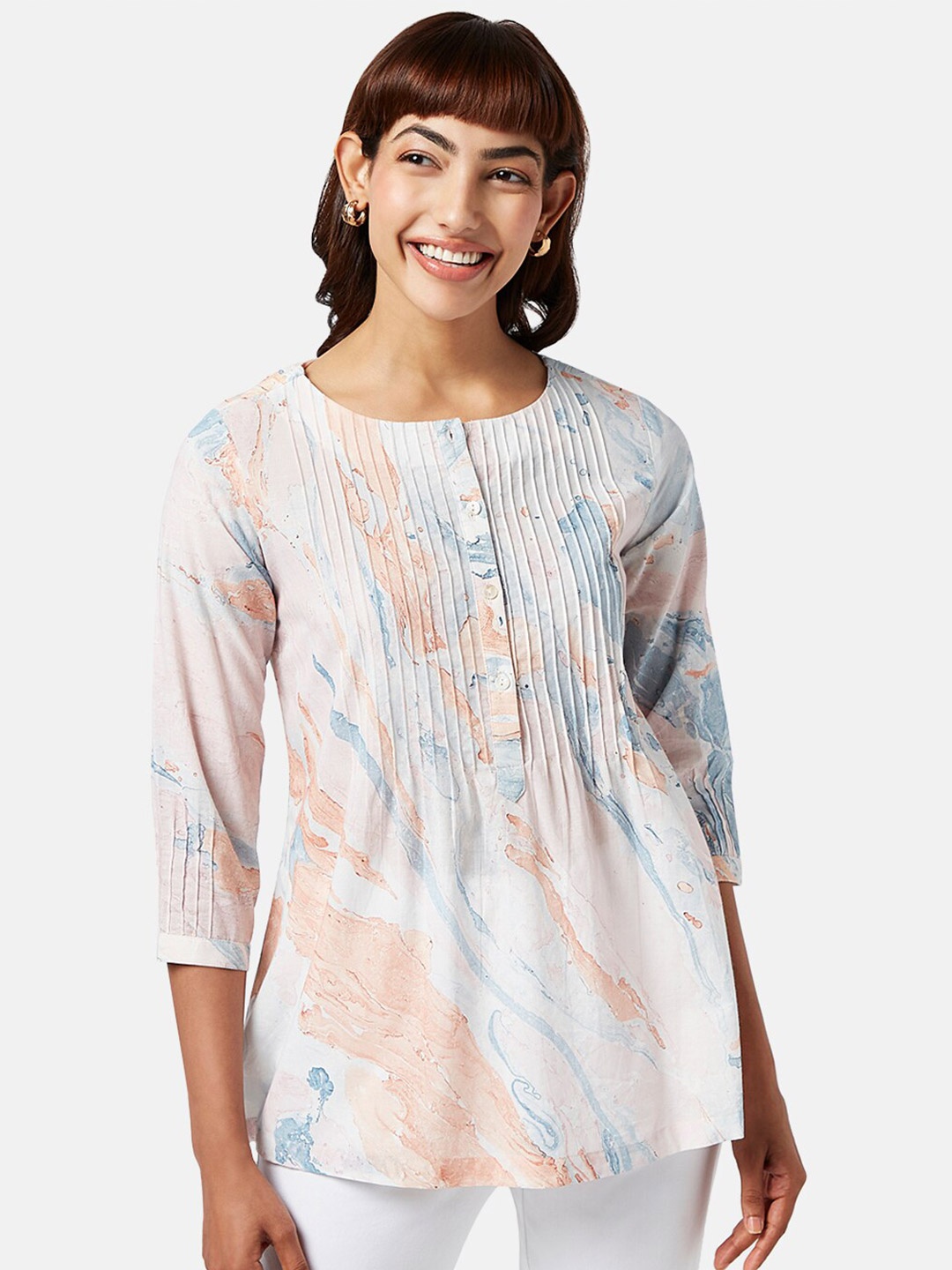 

AKKRITI BY PANTALOONS Printed Cotton Round Neck Tunic, White