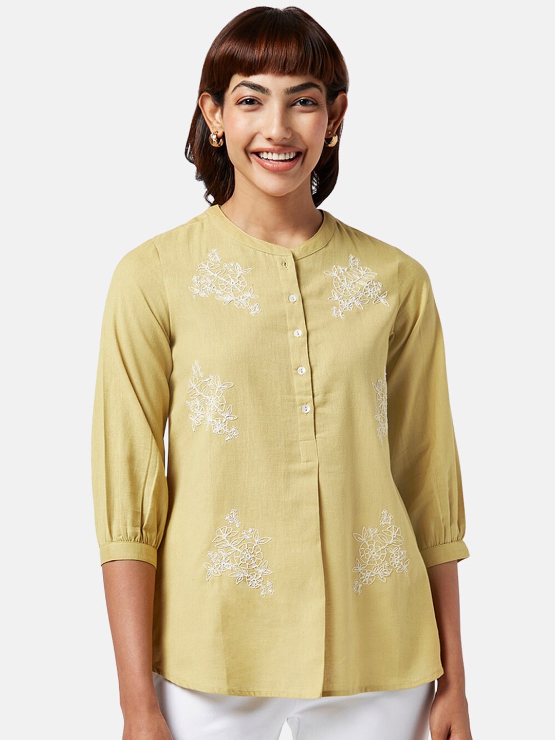 

AKKRITI BY PANTALOONS Embroidered Cotton Mandarin Collar Tunic, Mustard