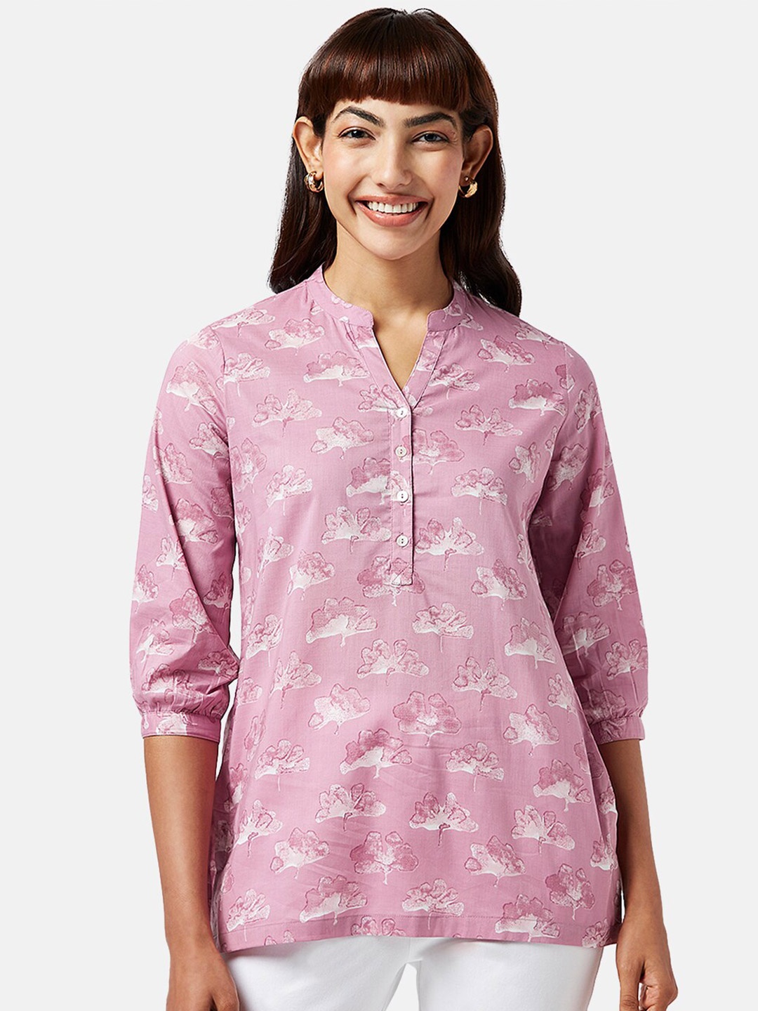 

AKKRITI BY PANTALOONS Floral Printed Cotton Mandarin Collar Tunic, Mauve