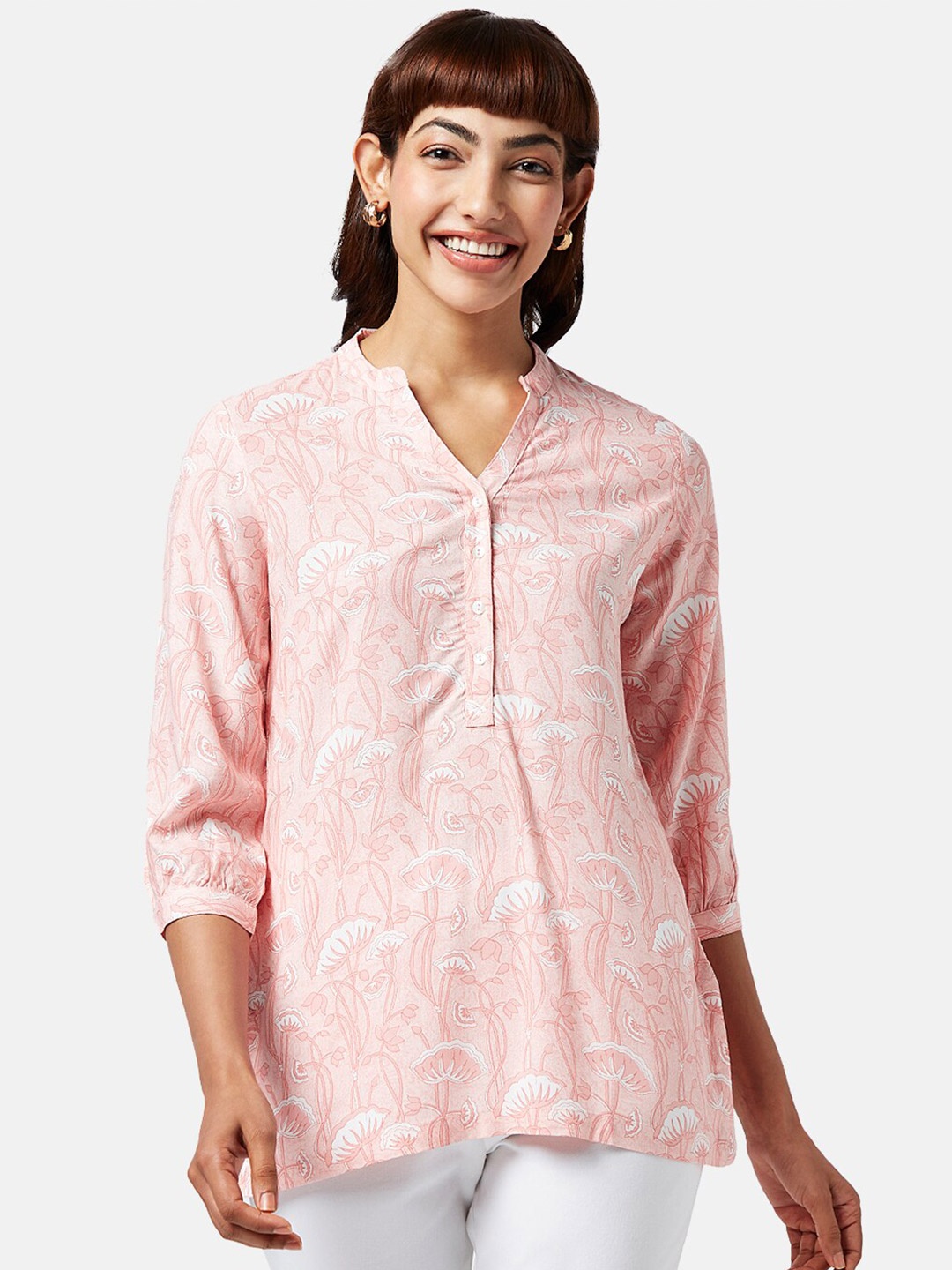 

AKKRITI BY PANTALOONS Floral Printed Cotton Mandarin Collar Tunic, Pink