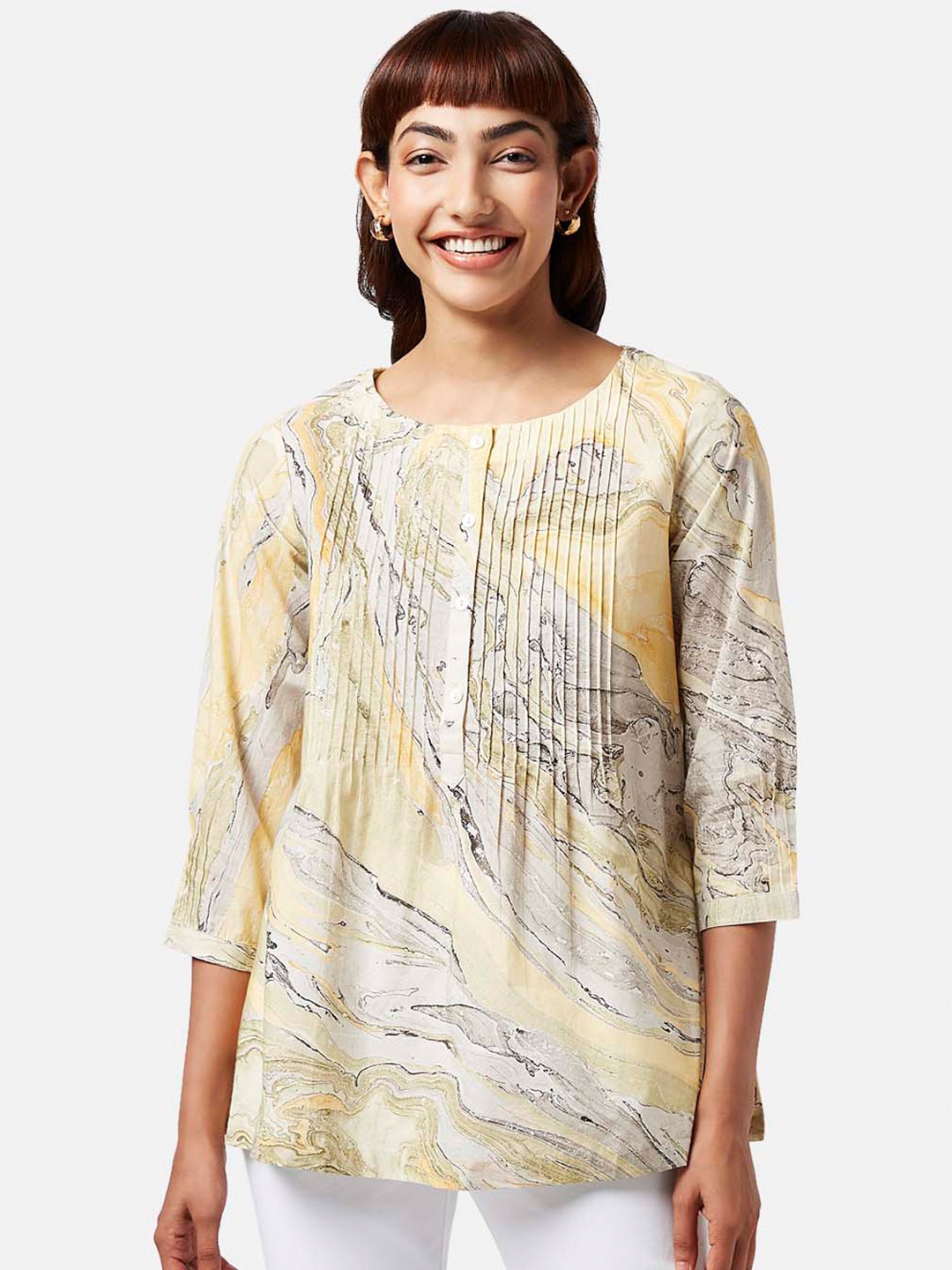 

AKKRITI BY PANTALOONS Abstract Printed Cotton Round Neck Tunic, Mustard
