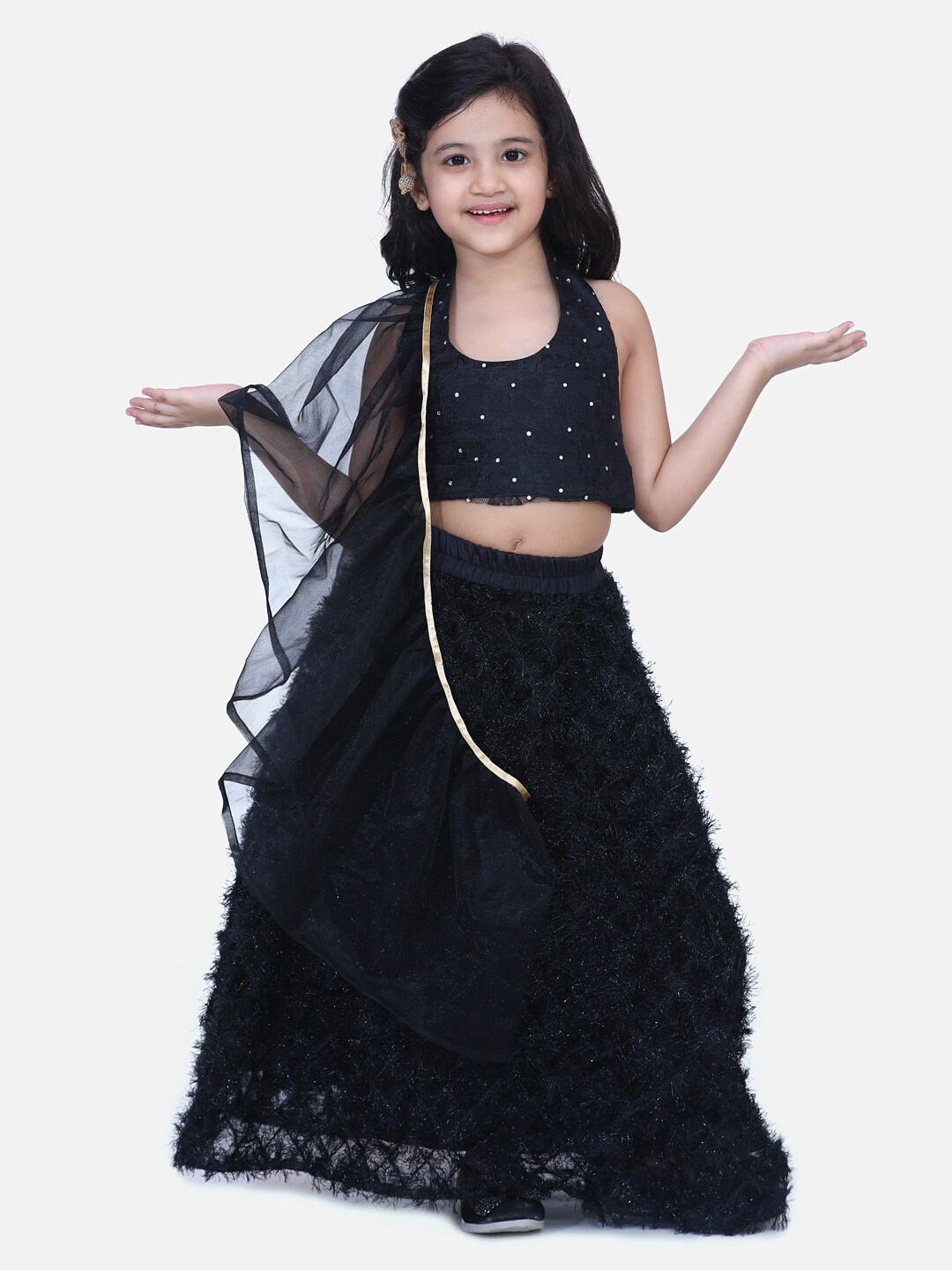 

Samsara Couture Girls Embellished Beads & Stones Ready to Wear Lehenga & Blouse & Dupatta, Black