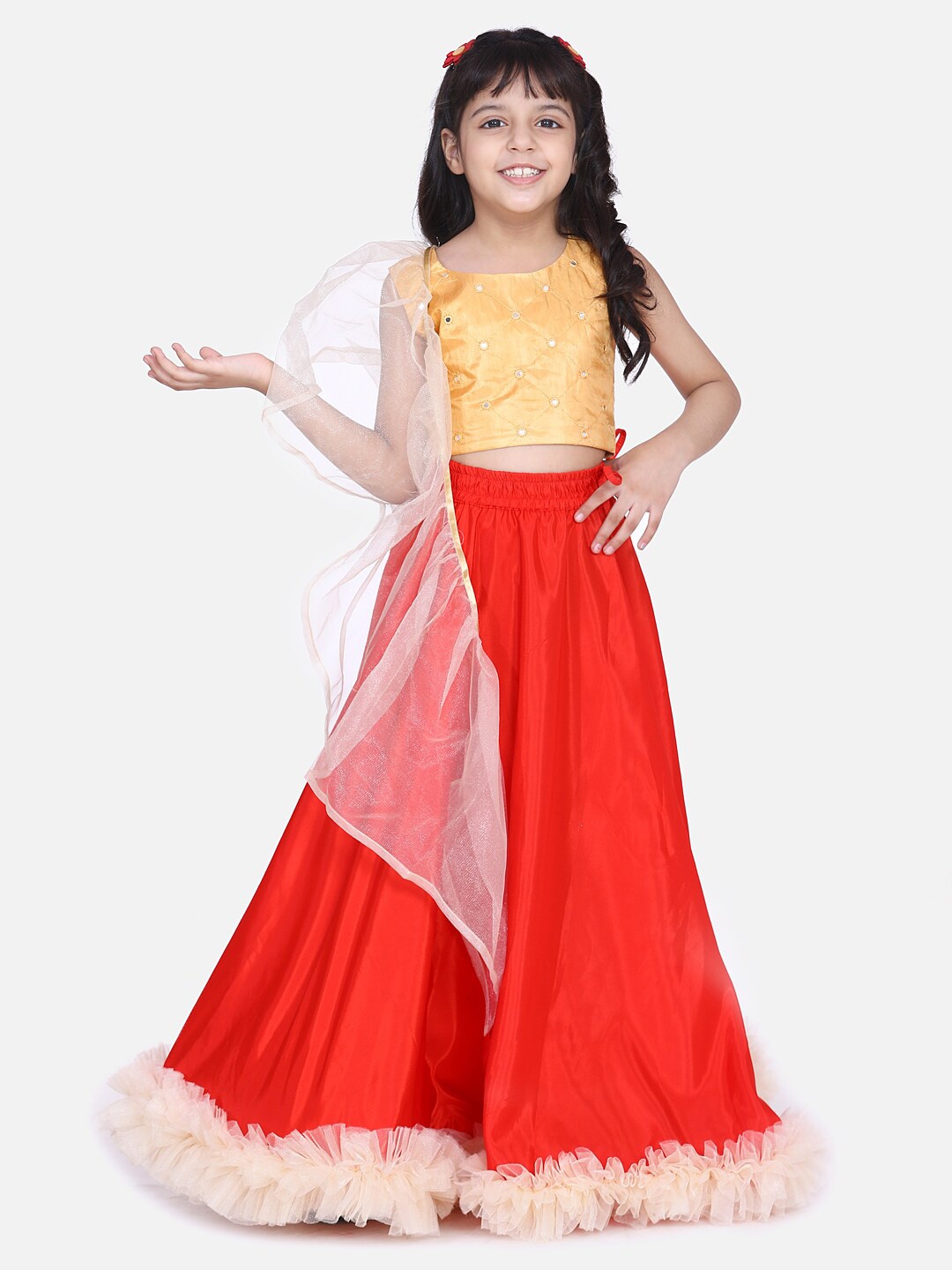 

Samsara Couture Girls Embellished Mirror Work Ready to Wear Lehenga & Blouse With Dupatta, Red