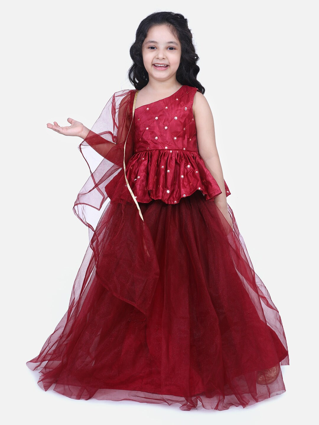 

Samsara Couture Girls Embroidered Mirror Work Ready to Wear Lehenga & Blouse With Dupatta, Maroon