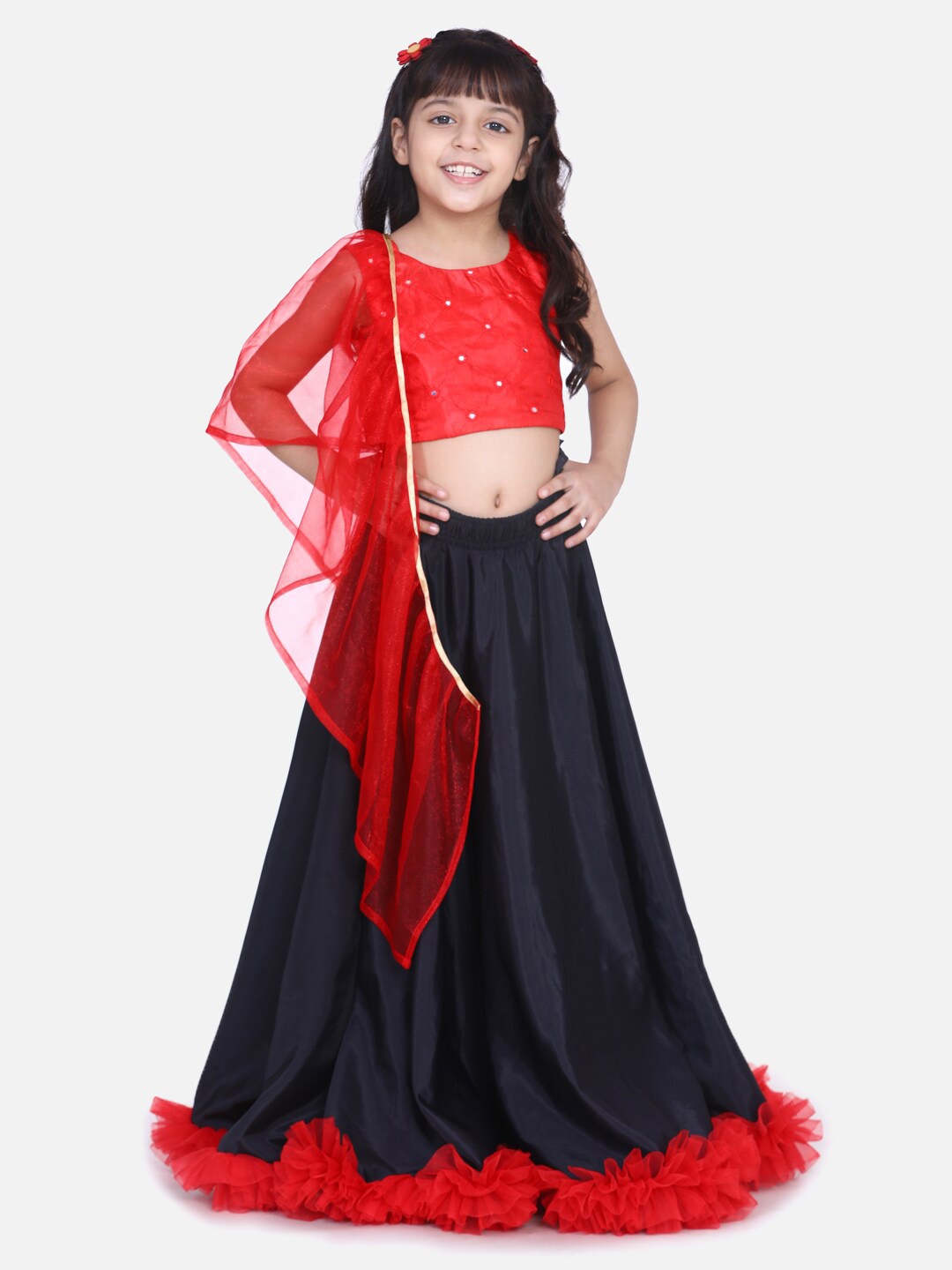 

Samsara Couture Girls Embellished Mirror Work Ready to Wear Lehenga & Blouse With Dupatta, Red