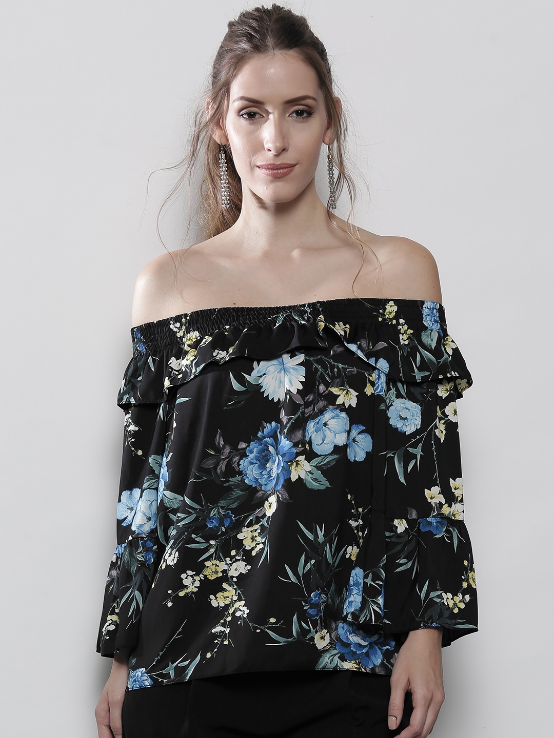 

DOROTHY PERKINS Women Black & Blue Printed Bardot Top