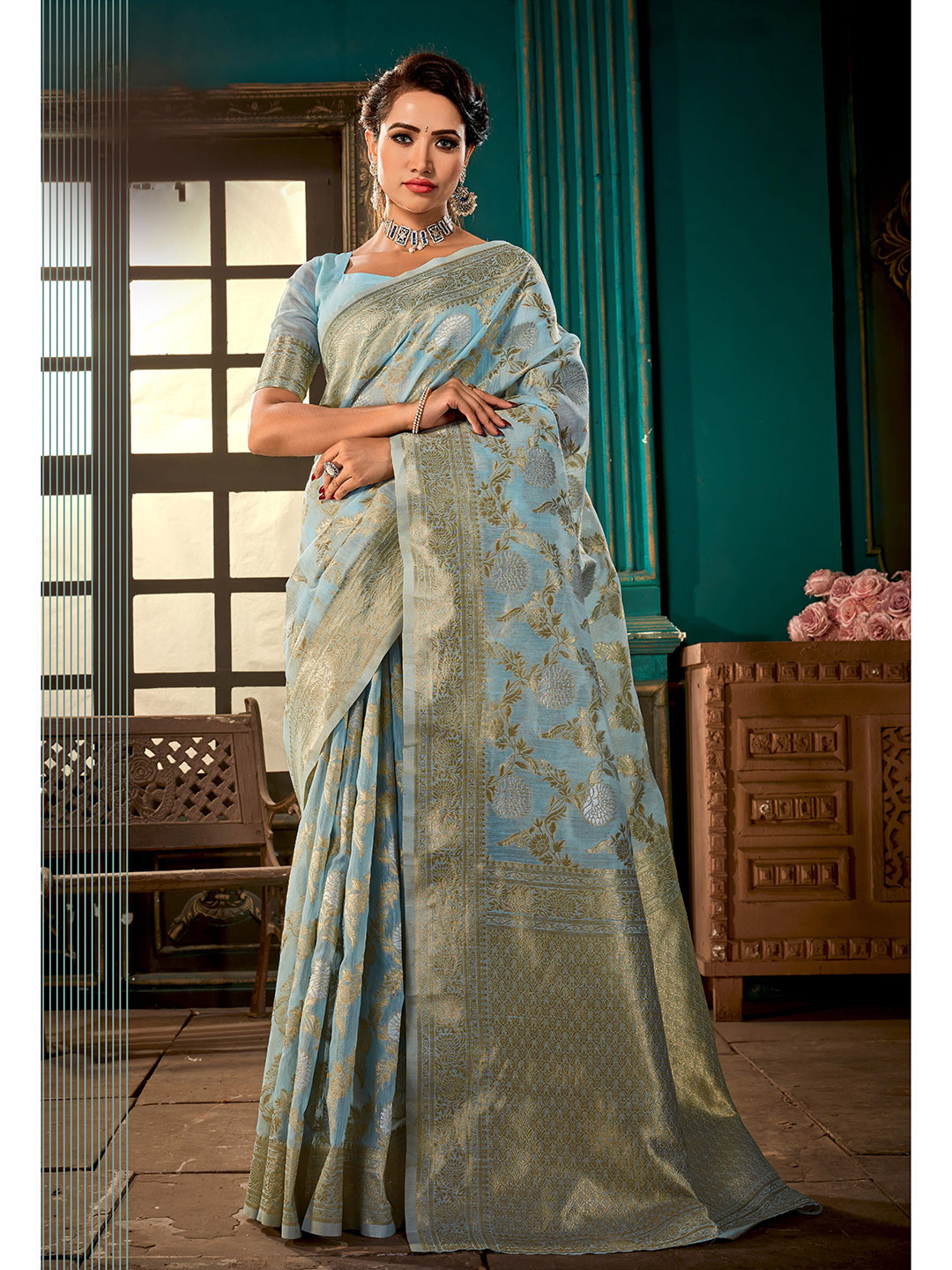 

elora Ethnic Motifs Woven Design Zari Pure Linen Banarasi Saree, Blue