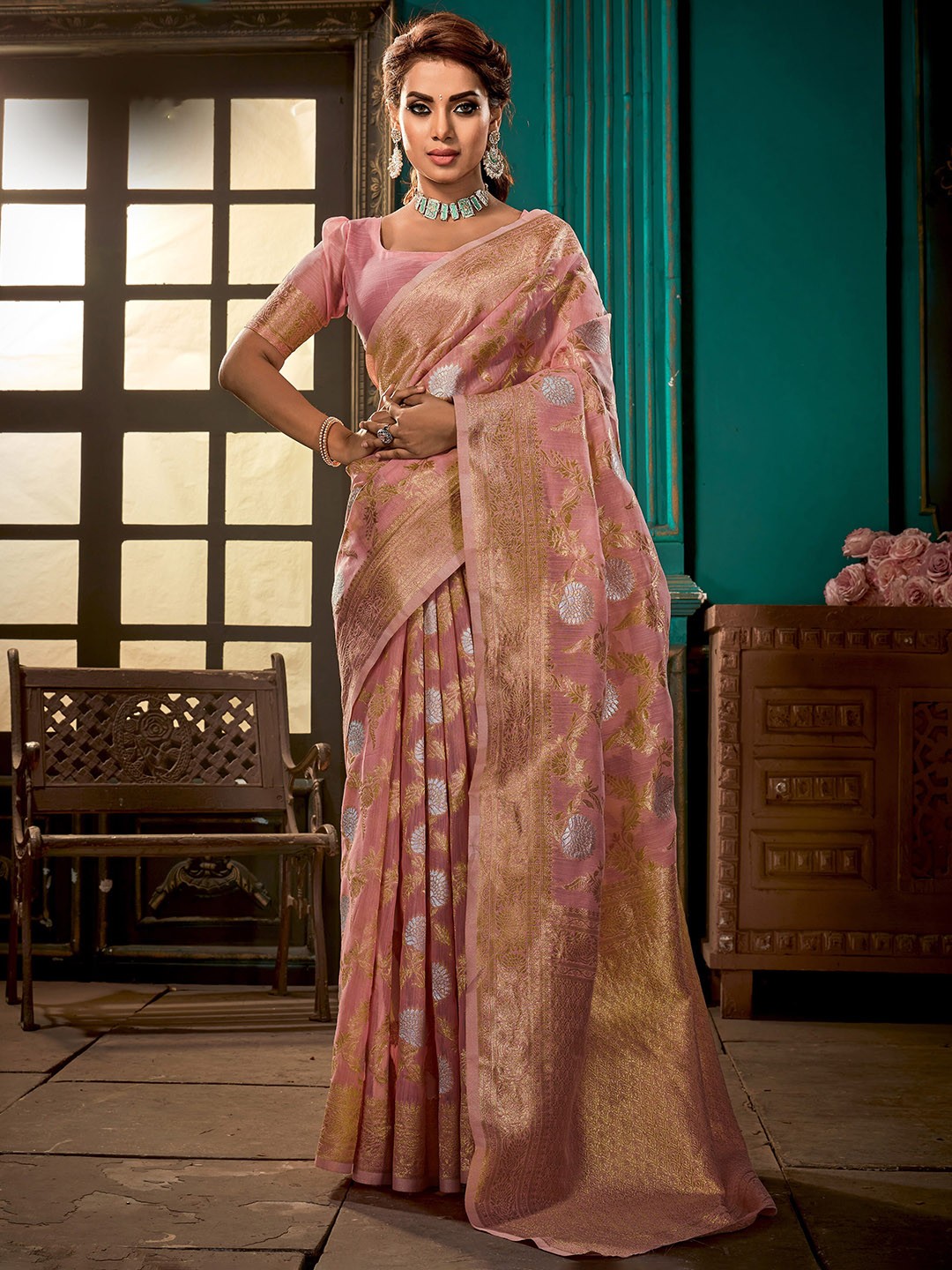 

elora Ethnic Motifs Woven Design Zari Pure Linen Banarasi Saree, Pink