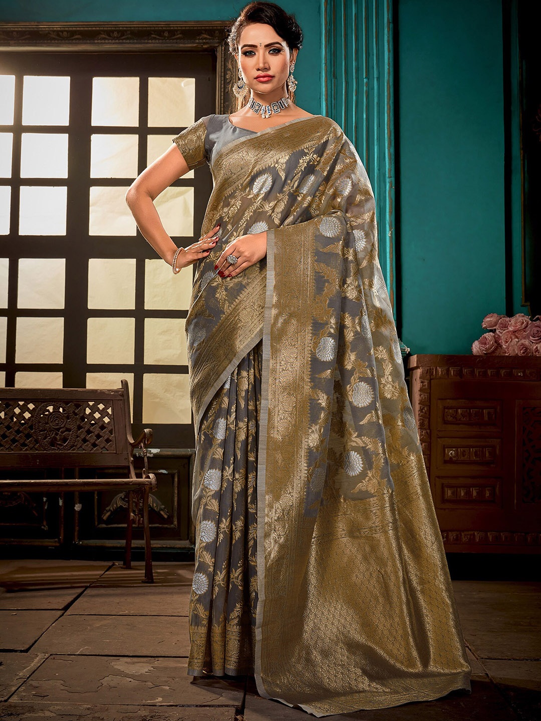

elora Ethnic Motifs Woven Design Zari Pure Linen Banarasi Saree, Grey