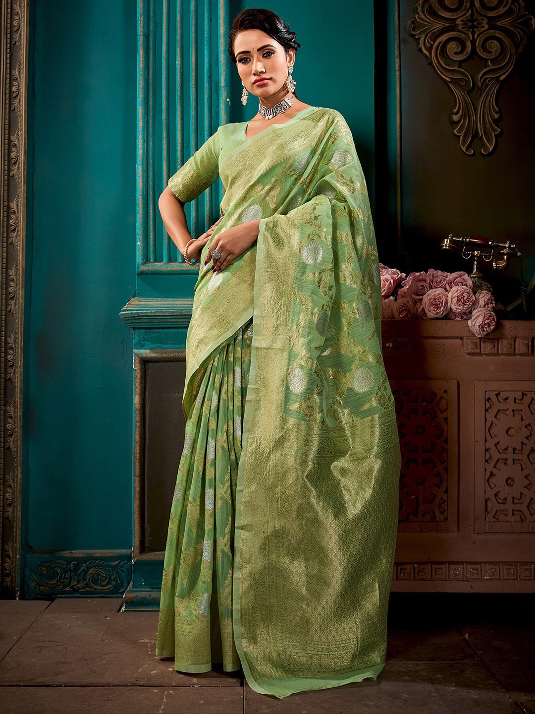 

elora Ethnic Motifs Woven Design Zari Pure Linen Banarasi Saree, Green
