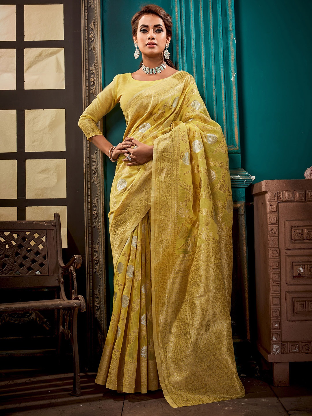 

elora Ethnic Motifs Woven Design Zari Pure Linen Banarasi Saree, Yellow