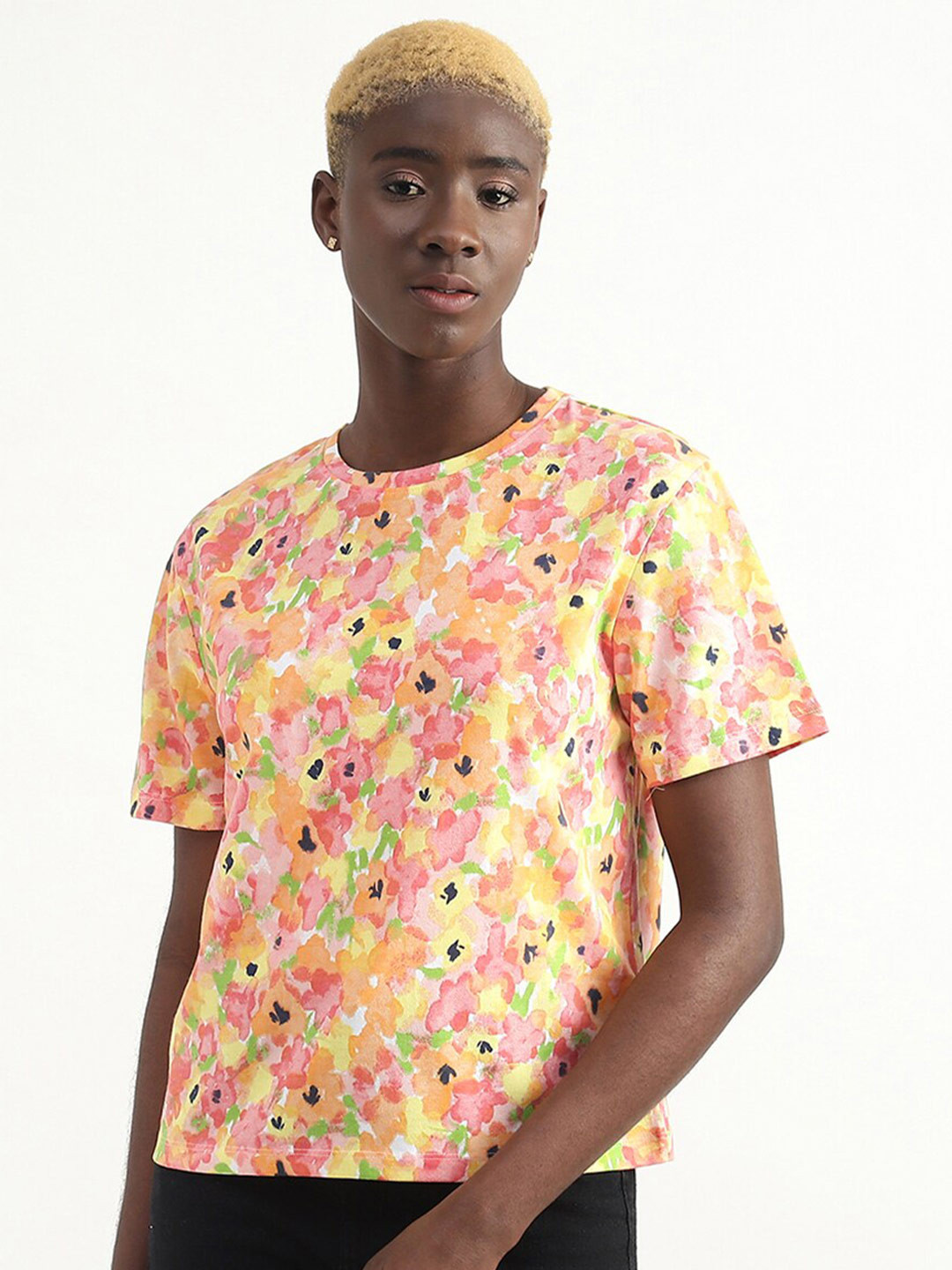 

United Colors of Benetton Round Neck Regular Fit Floral Printed Cotton T-shirt, Pink