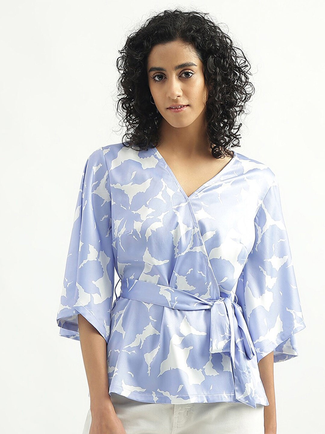

United Colors of Benetton Abstract Printed Waist Tie-Ups Wrap Top, Blue