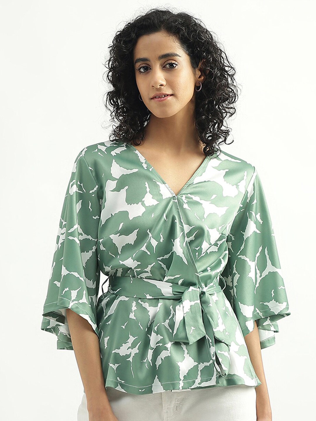 

United Colors of Benetton Abstract Printed Waist Tie-Ups Wrap Top, Green
