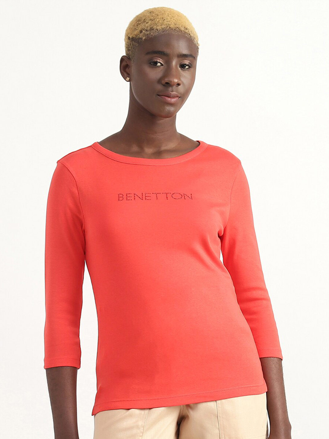 

United Colors of Benetton Brand Logo Embellished Cotton Top, Red