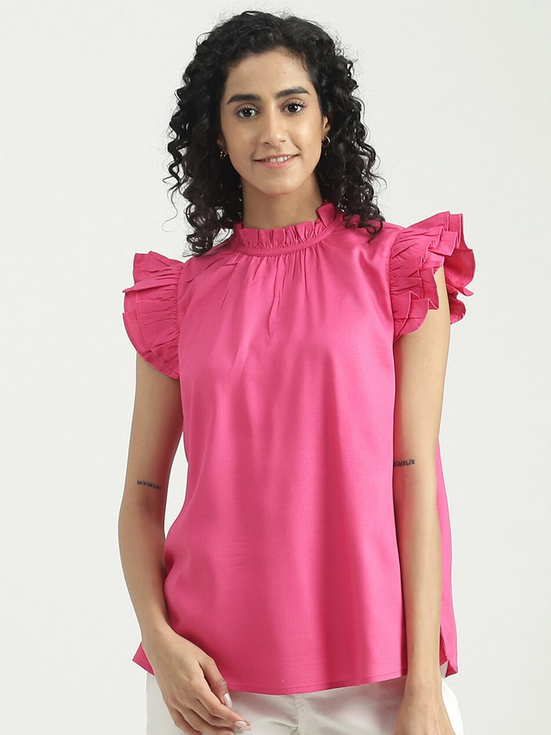 United Colors of Benetton High Neck Flutter Sleeves Top, Pink