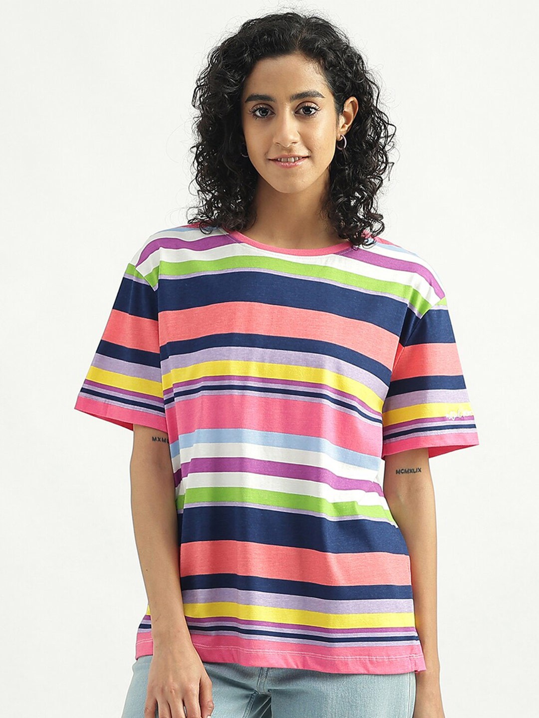 

United Colors of Benetton Round Neck Regular Fit Striped Cotton T-shirt, Green