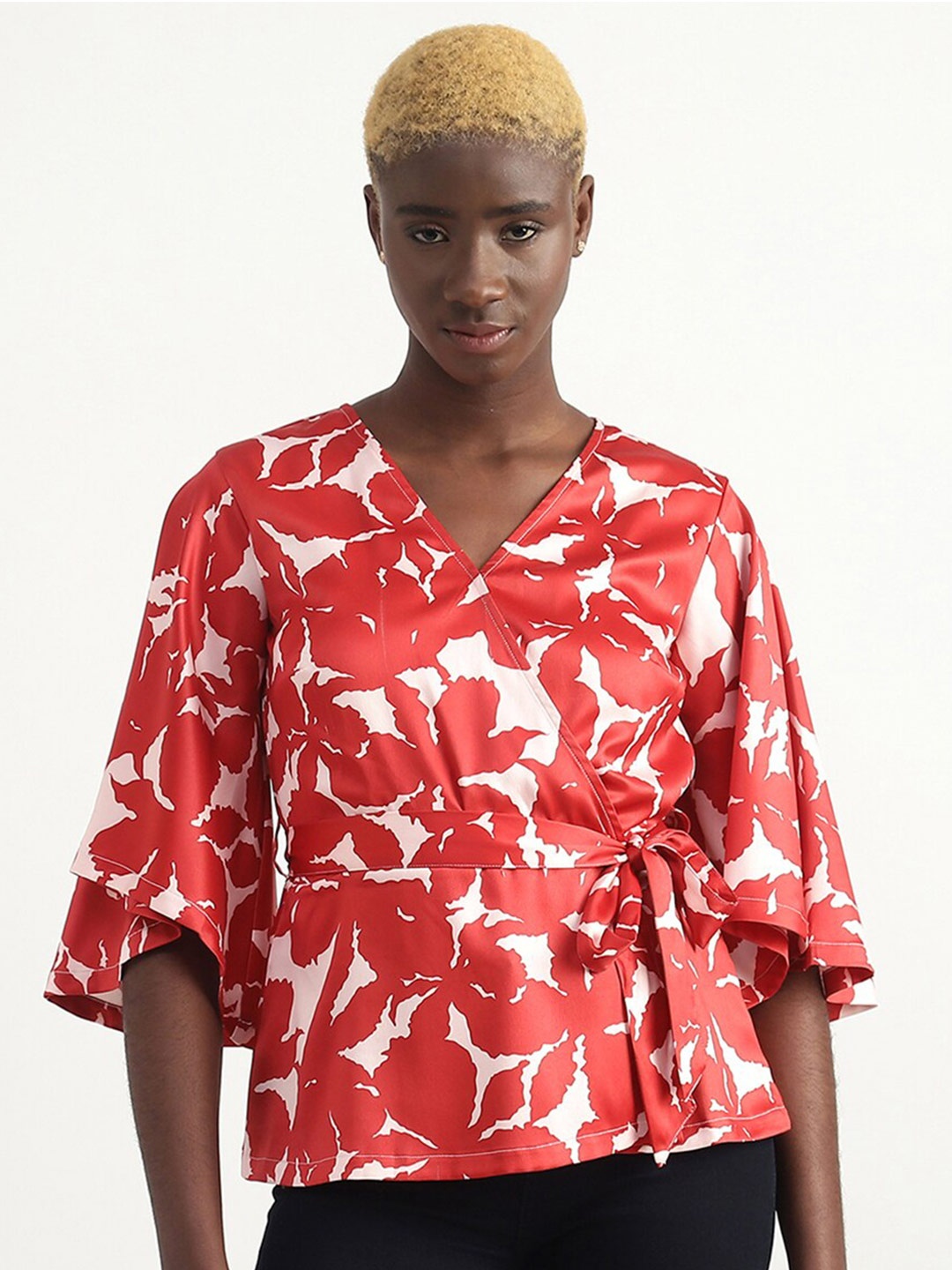 

United Colors of Benetton Abstract Printed Waist Tie-Ups Top, Red