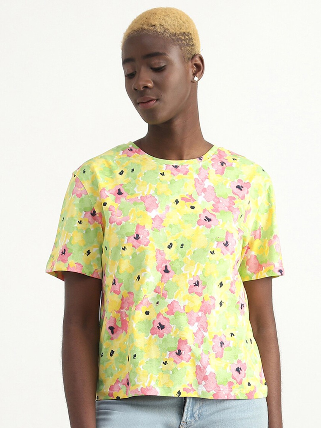 

United Colors of Benetton Round Neck Floral Printed Cotton T-shirt, Yellow