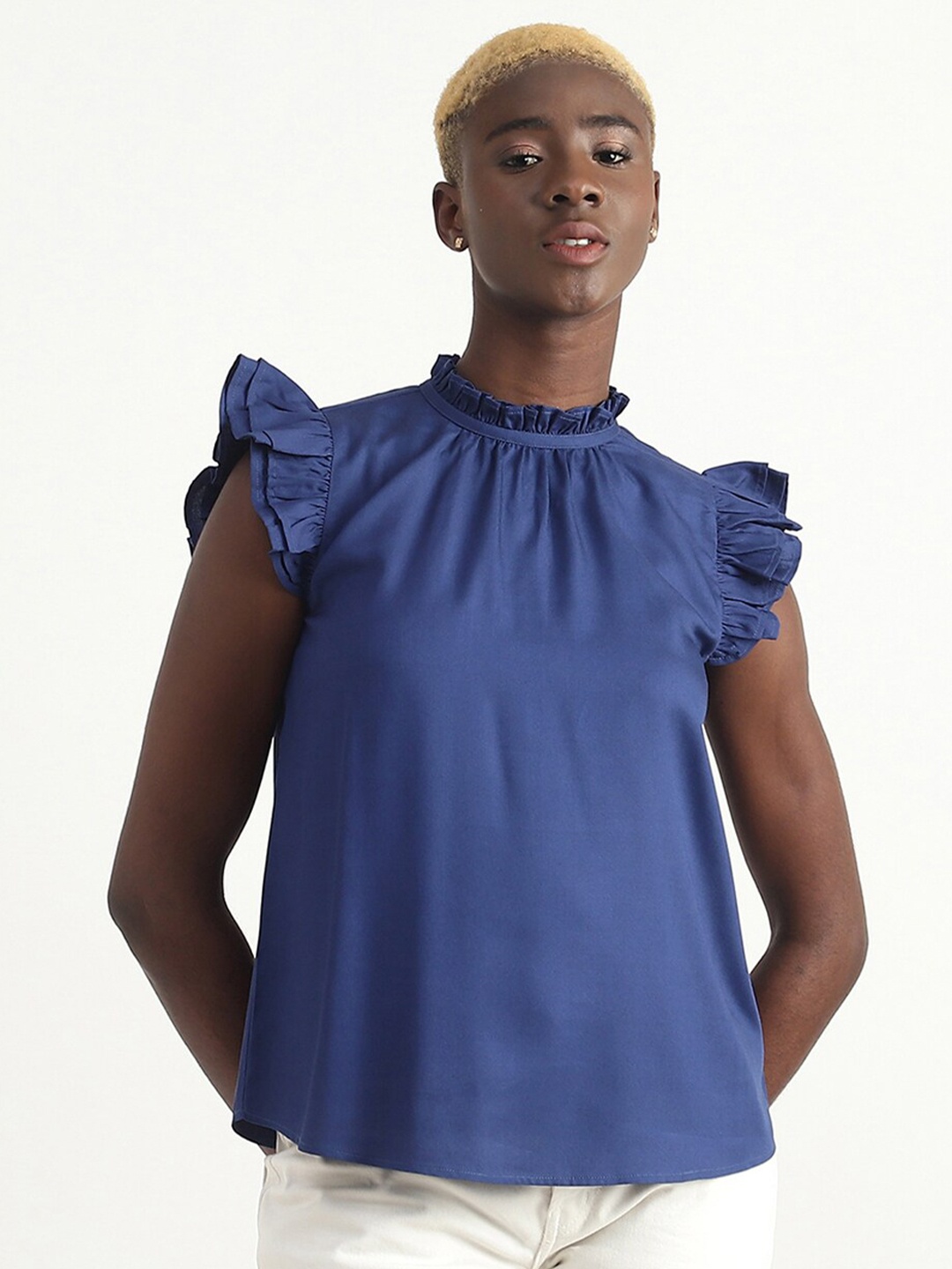 

United Colors of Benetton Solid Ruffles Top, Blue