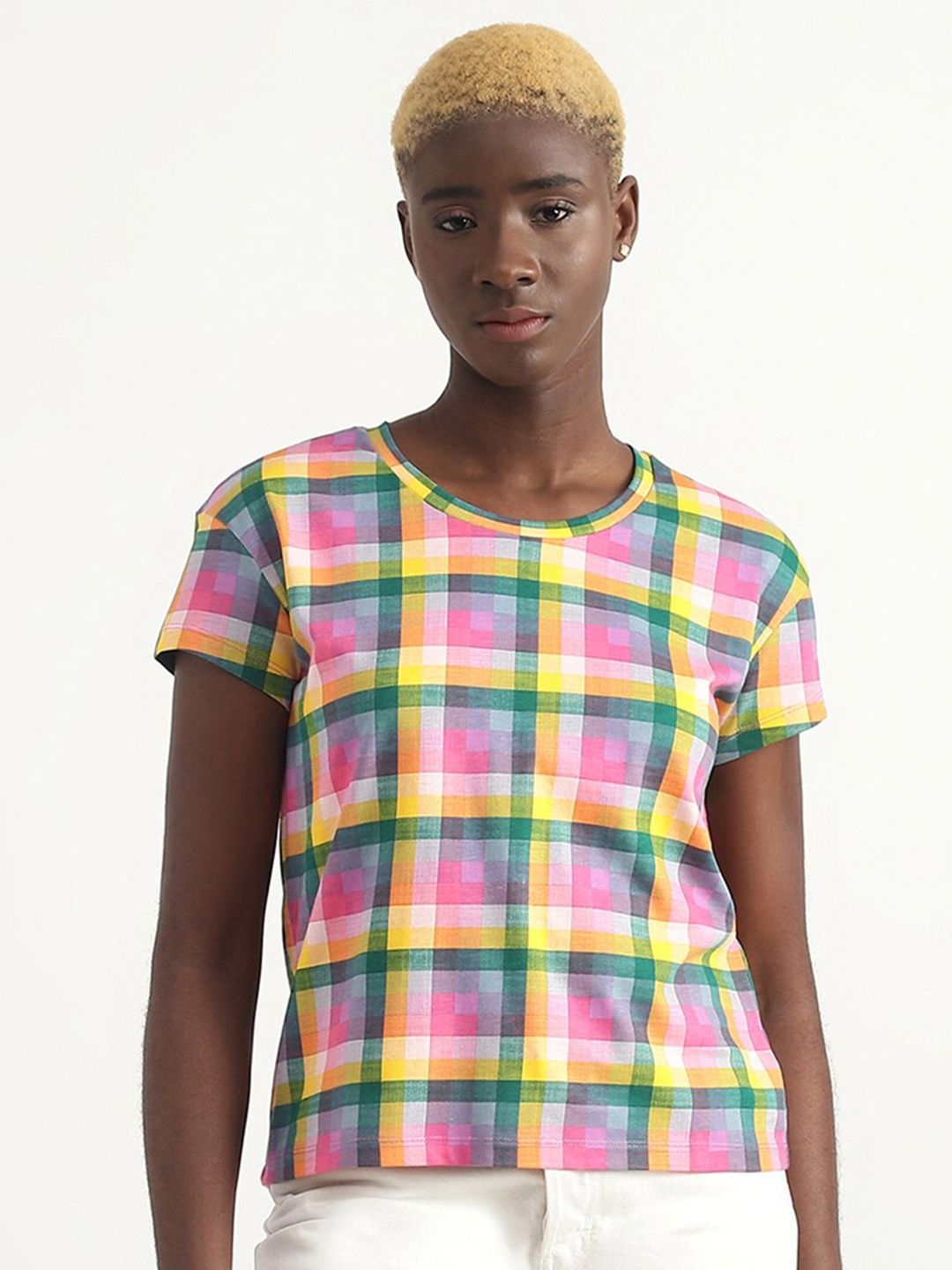 

United Colors of Benetton Checked Cotton Top, Pink