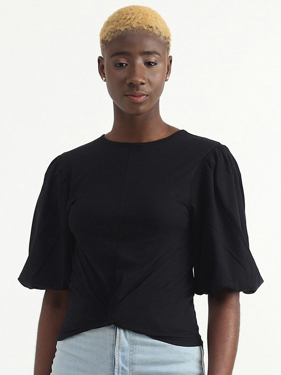 

United Colors of Benetton Puff Sleeves Twisted Top, Black