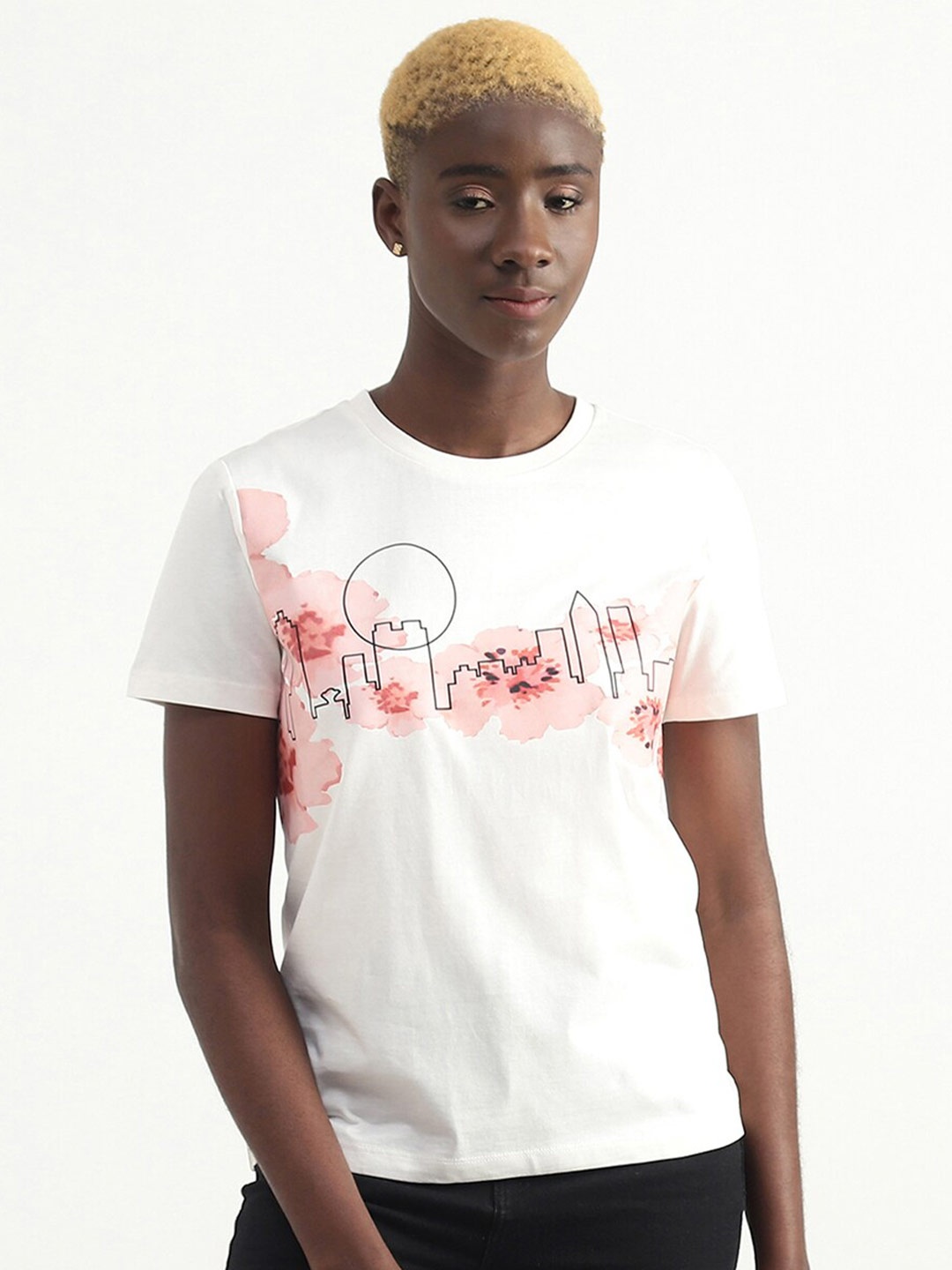 

United Colors of Benetton Round Neck Floral Printed Cotton T-shirt, White