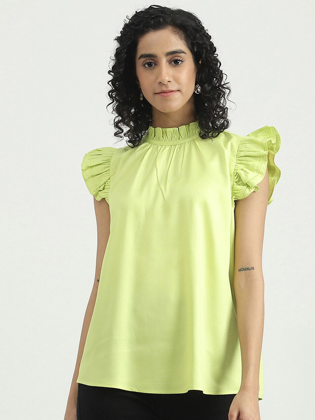 

United Colors of Benetton High Neck Flutter Sleeves Top, Yellow