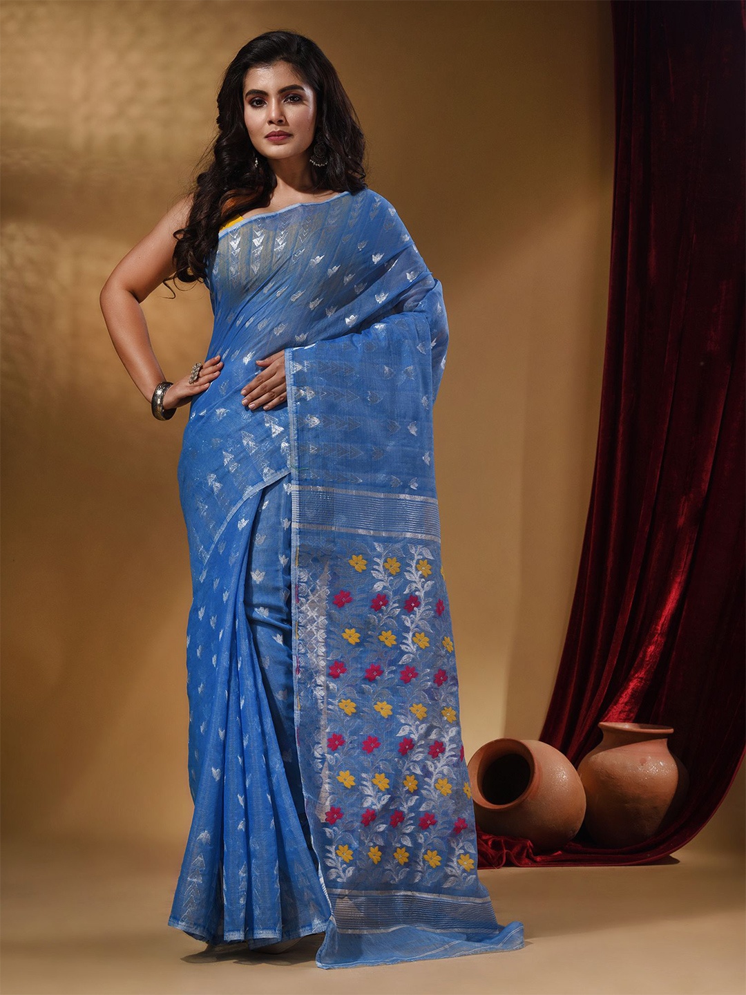 

Arhi Ethnic Motifs Woven Design Zari Silk Cotton Jamdani Saree, Blue