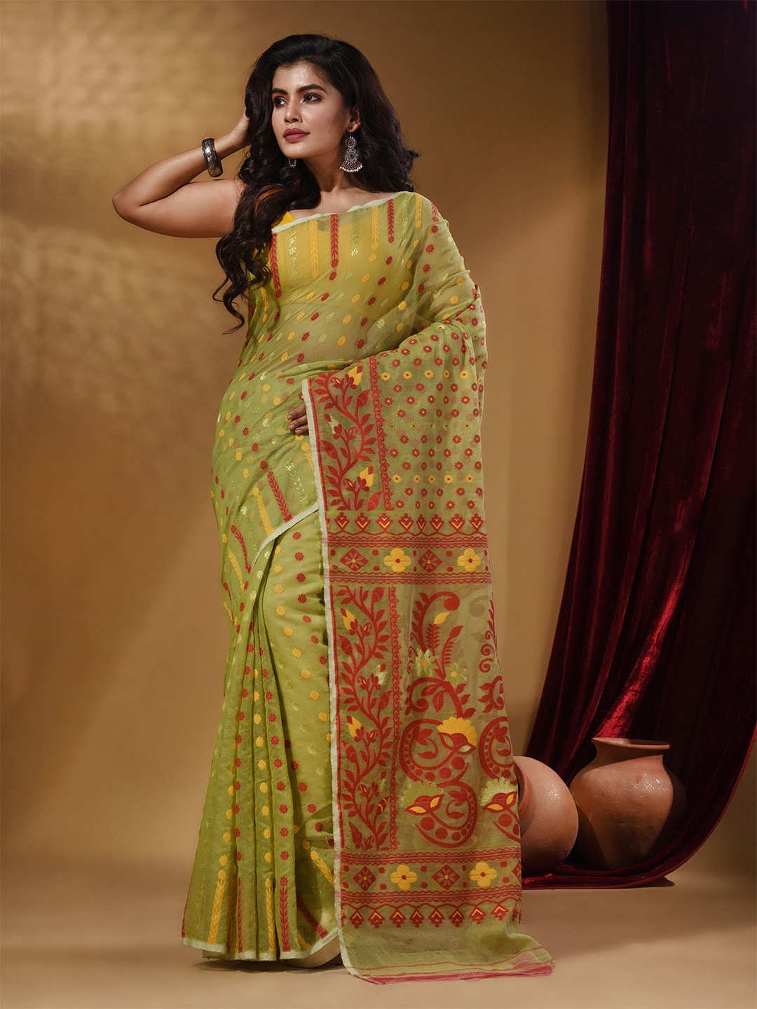 

Arhi Ethnic Motifs Woven Design Silk Cotton Jamdani Saree, Green