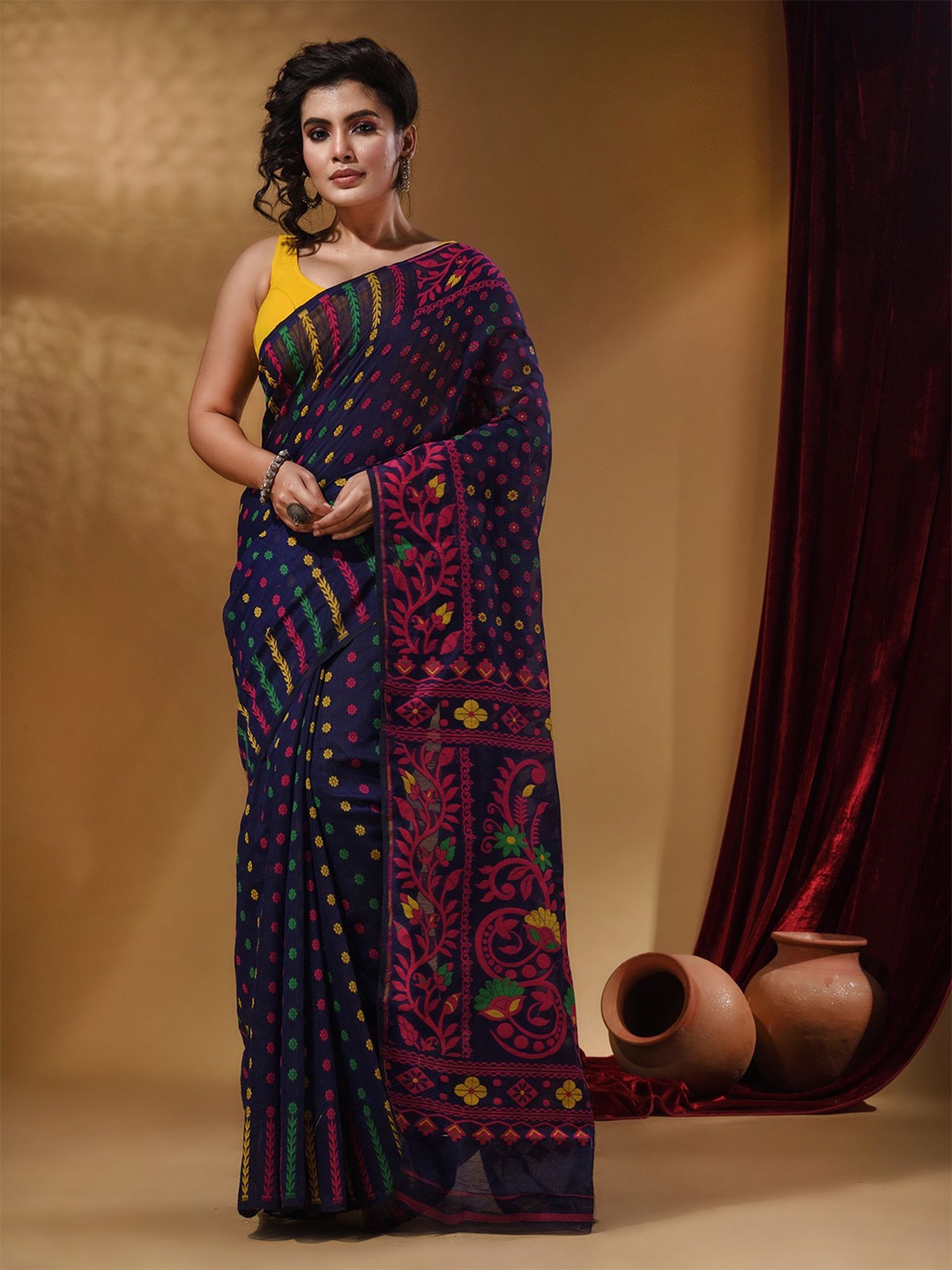 

Arhi Ethnic Motifs Woven Design Silk Cotton Jamdani Saree, Navy blue