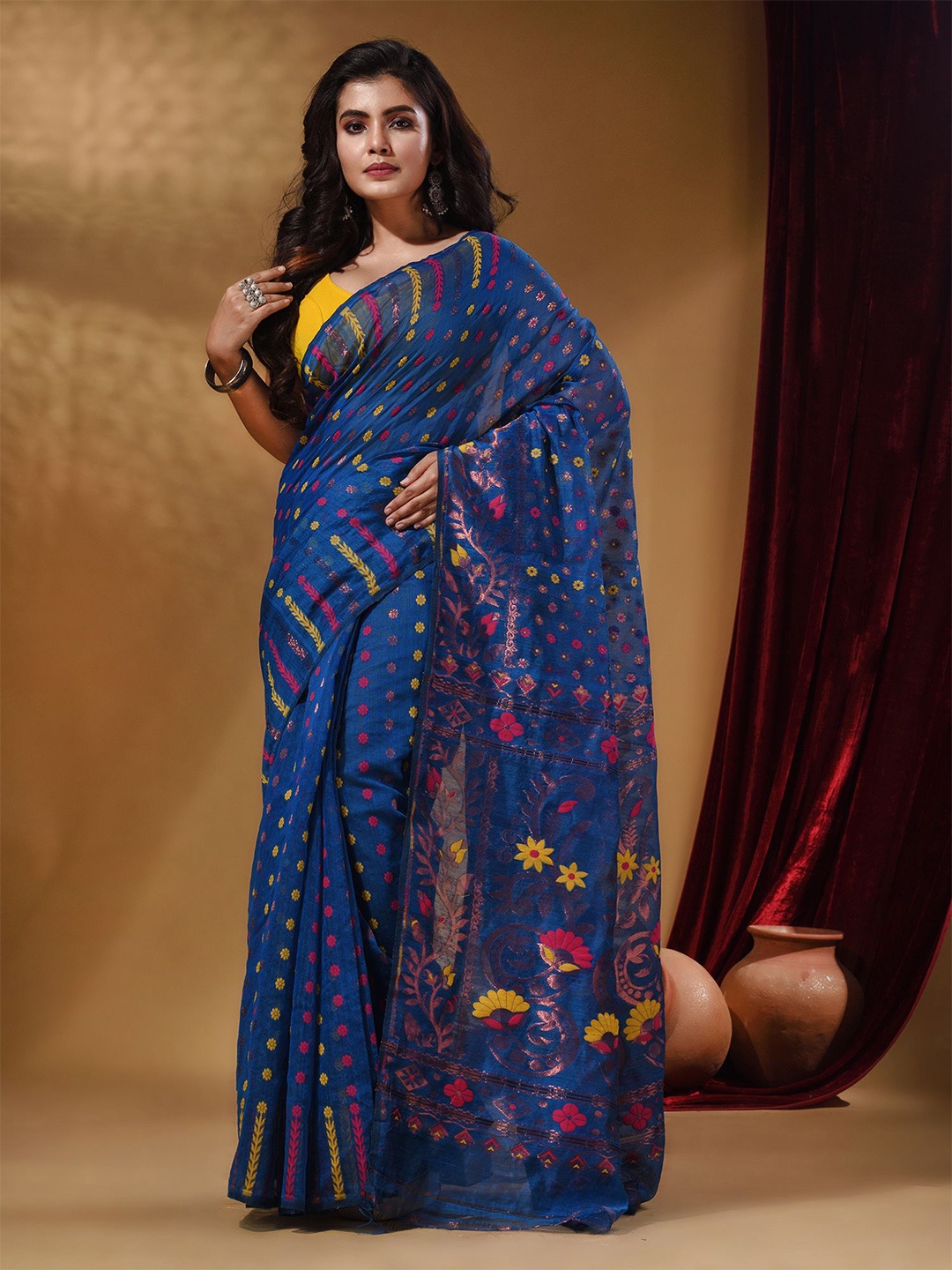 

Arhi Ethnic Motifs Woven Design Silk Cotton Jamdani Saree, Blue