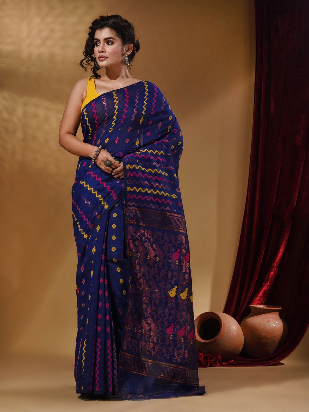 

Arhi Ethnic Motifs Woven Design Silk Cotton Jamdani Saree, Blue