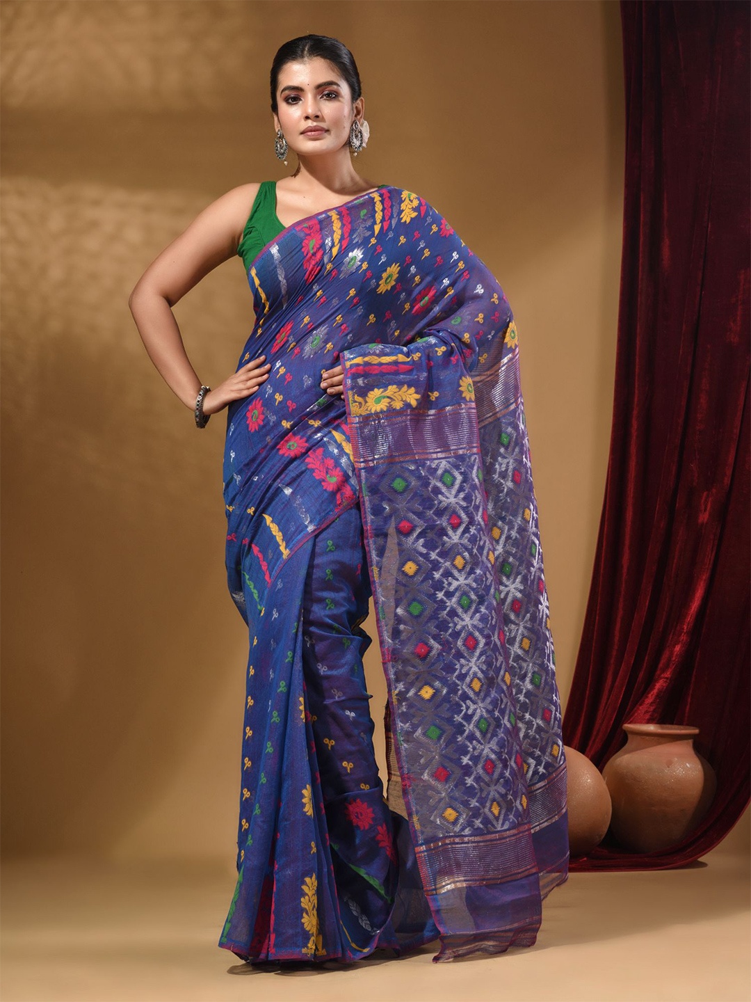 

Arhi Floral Woven Design Zari Silk Cotton Jamdani Saree, Blue