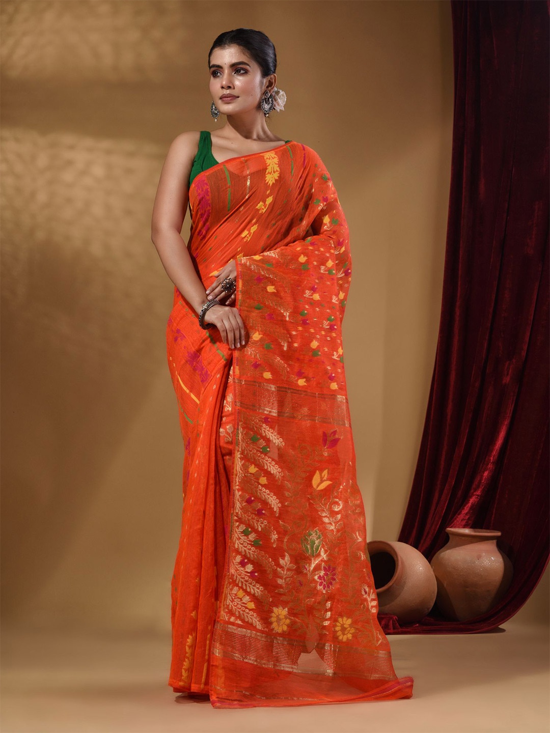 

Arhi Floral Woven Design Zari Jamdani Saree, Orange