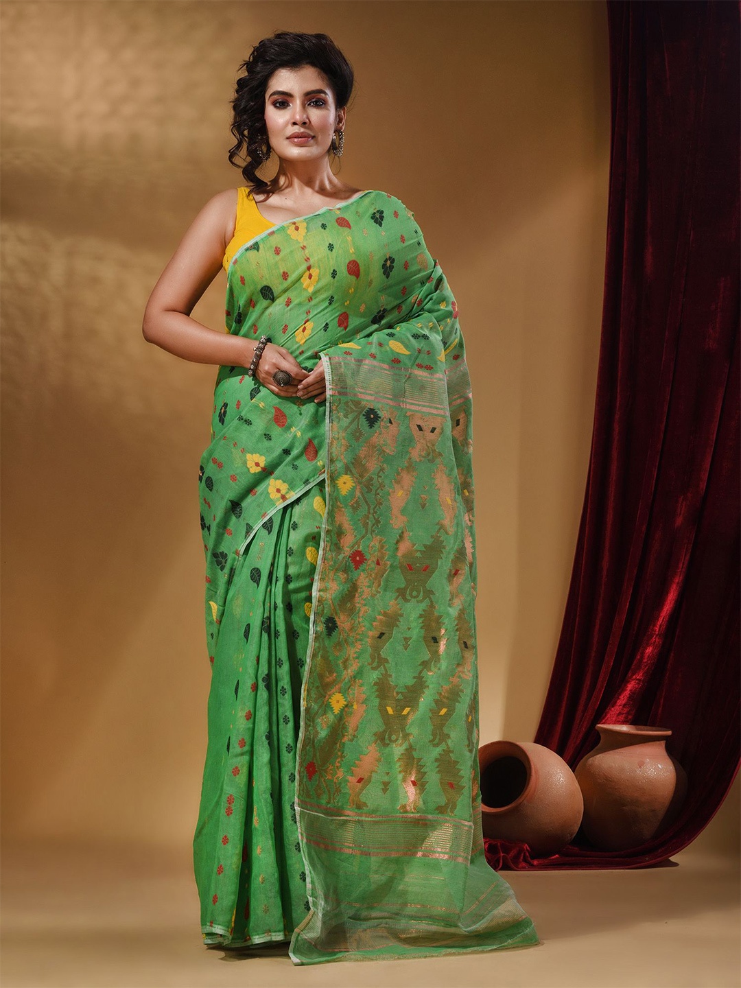 

Arhi Woven Design Zari Silk Cotton Jamdani Saree, Green