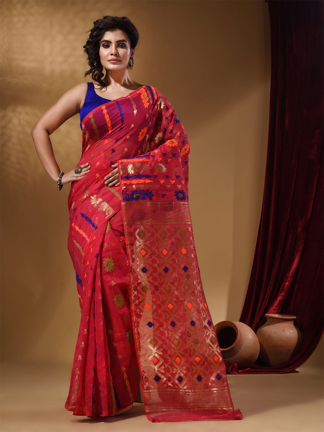 

Arhi Floral Design Zari Silk Cotton Jamdani Saree, Pink