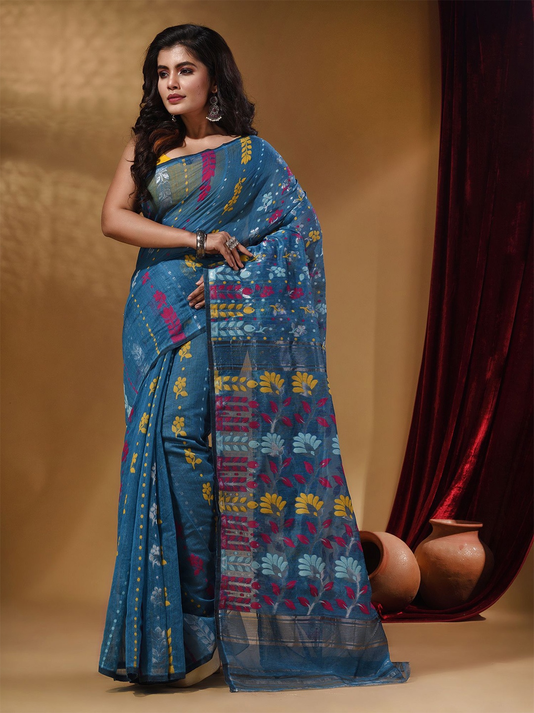 

Arhi Floral Design Silk Cotton Jamdani Saree, Blue