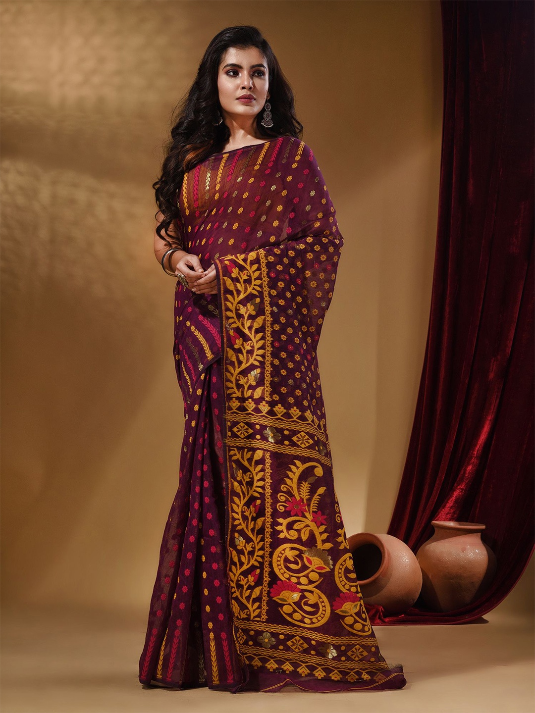 

Arhi Woven Design Zari Silk Cotton Jamdani Saree, Purple