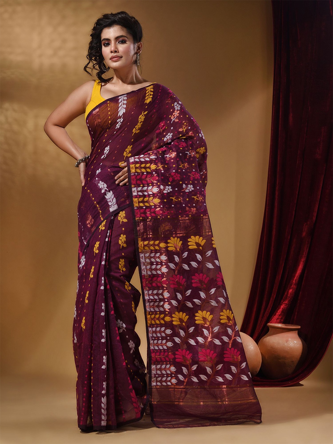 

Arhi Floral Design Zari Silk Cotton Jamdani Saree, Purple