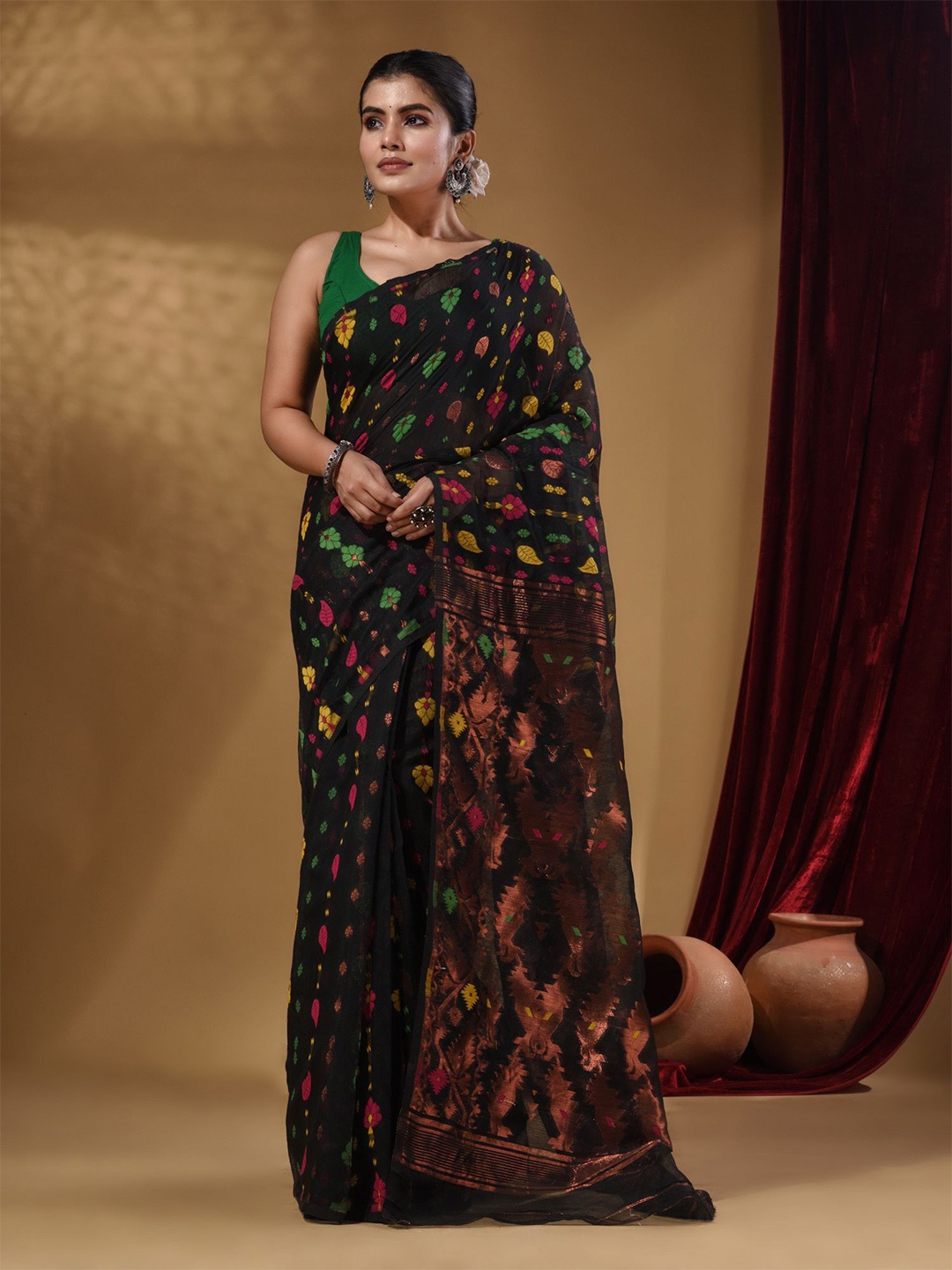 

Arhi Woven Design Zari Silk Cotton Jamdani Saree, Black