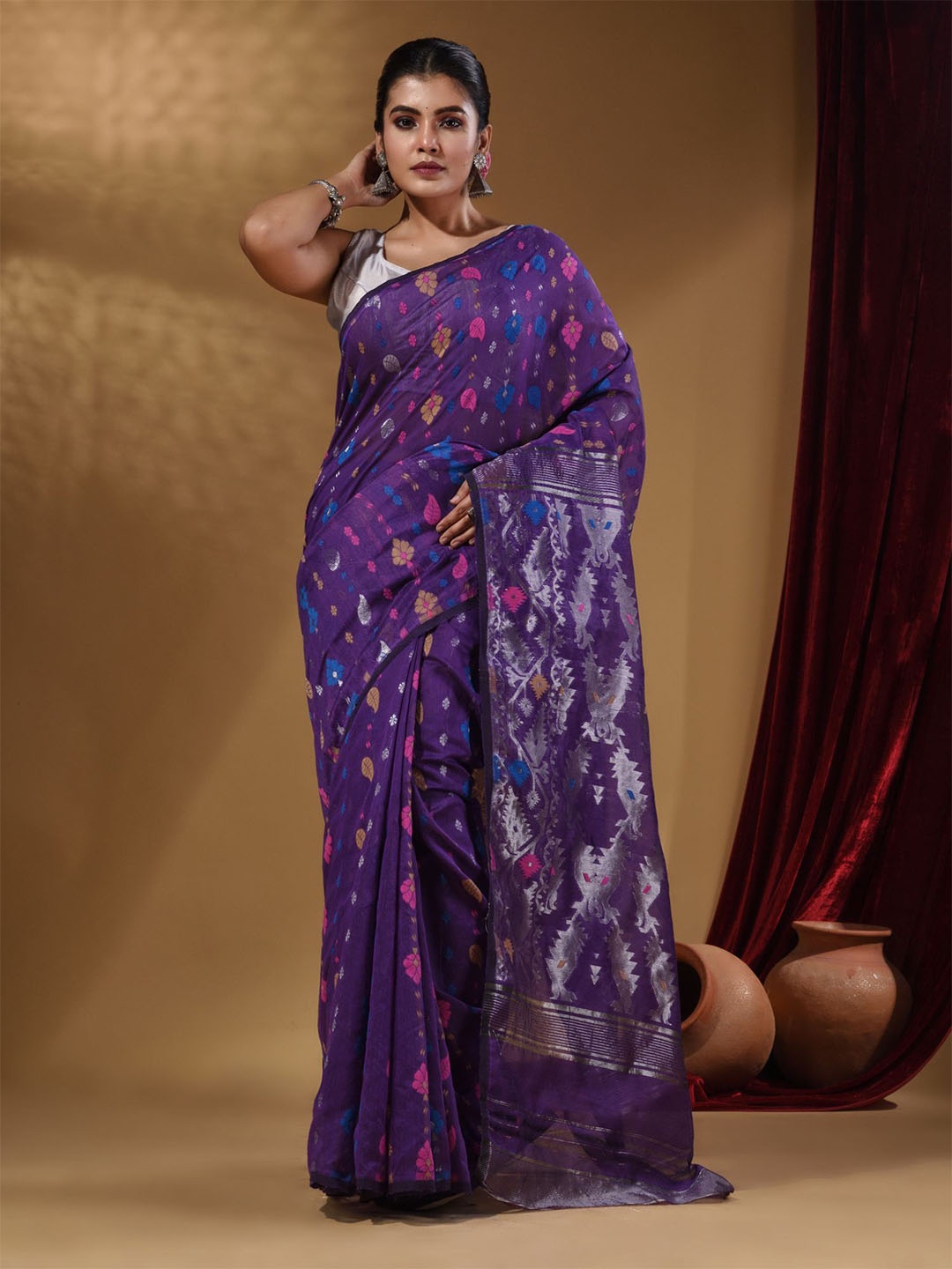 

Arhi Woven Design Zari Silk Cotton Jamdani Saree, Violet