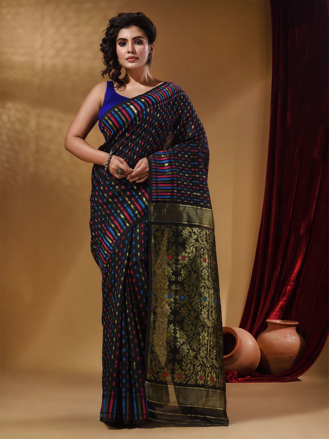 

Arhi Woven Design Zari Silk Cotton Jamdani Saree, Black