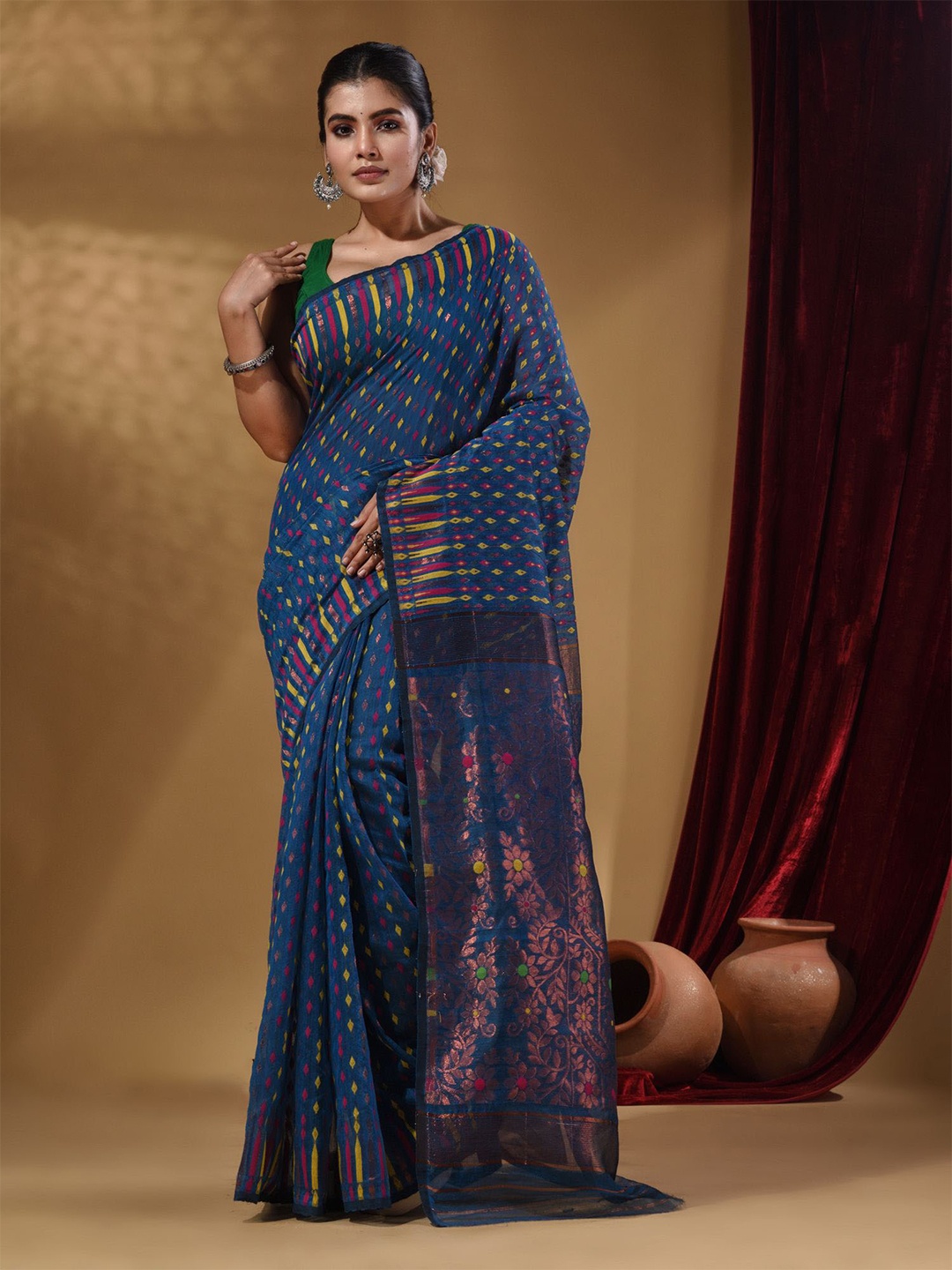 

Arhi Woven Design Zari Silk Cotton Jamdani Saree, Blue