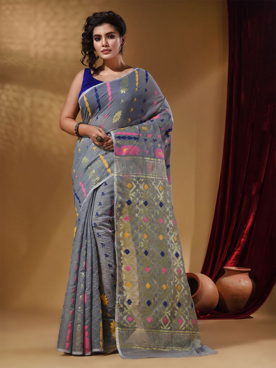 

Arhi Woven Design Zari Silk Cotton Jamdani Saree, Grey