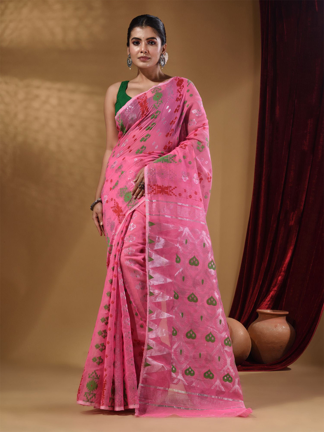 

Arhi Woven Design Zari Silk Cotton Jamdani Saree, Pink